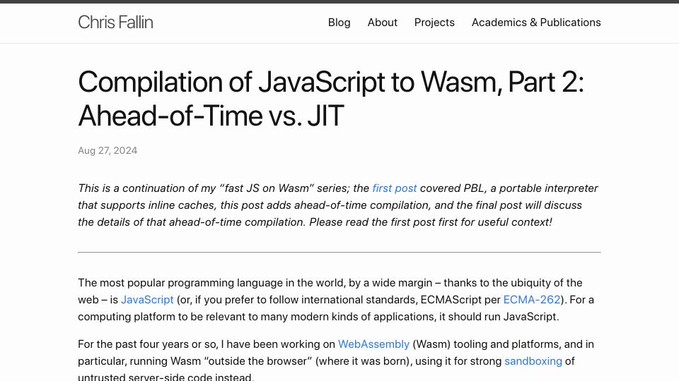 Screenshot of cfallin.org: Compilation of JavaScript to WASM, Part 2: Ahead-of-Time vs. JIT