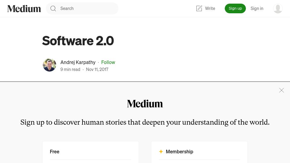 Screenshot of karpathy.medium.com: Karpathy on Software 2.0 (2017)