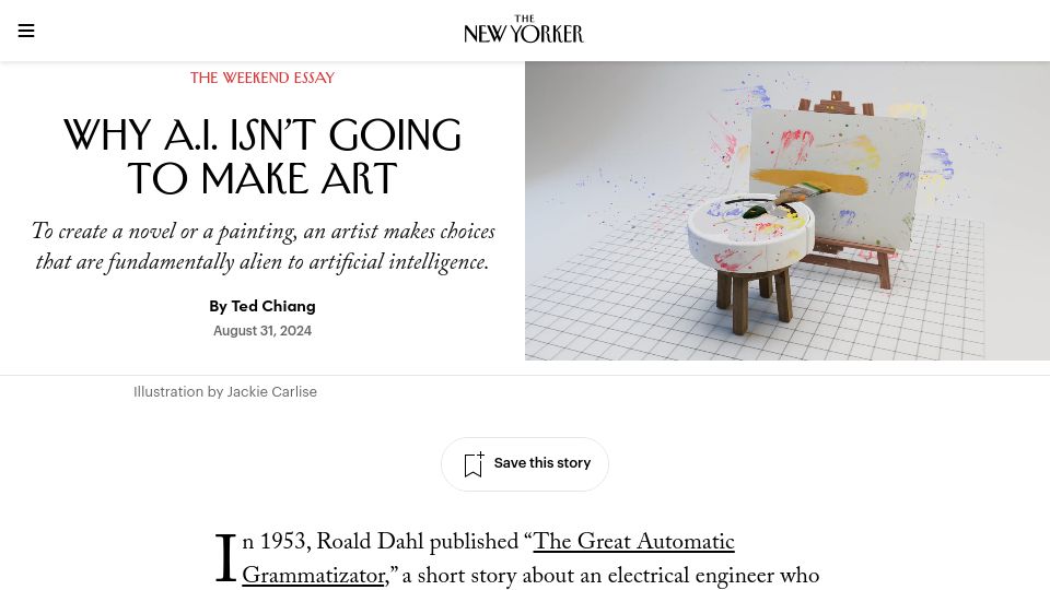 Screenshot of newyorker.com: Why A.I. Isn't Going to Make Art