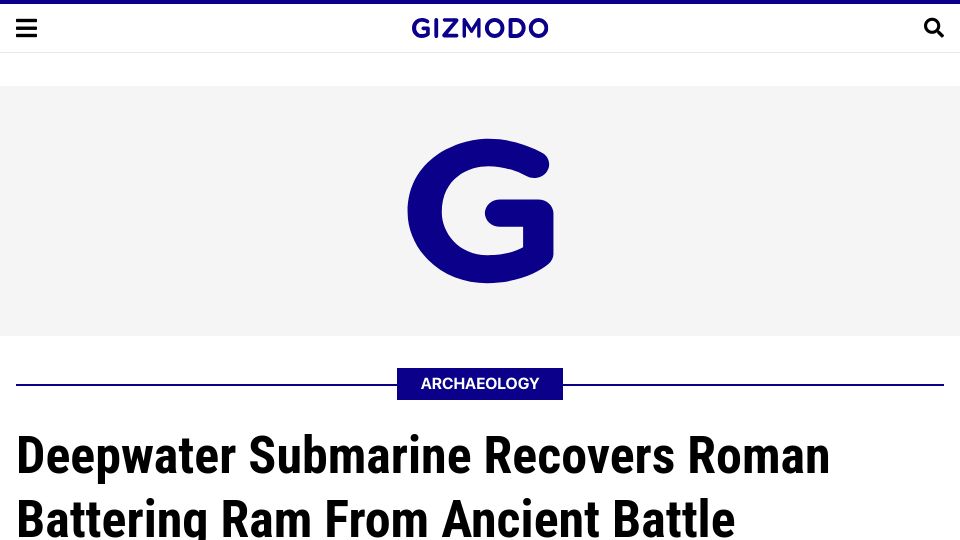 Screenshot of gizmodo.com: Deepwater Sub Recovers Roman Battering Ram Used in Carthage in Punic Wars Battle