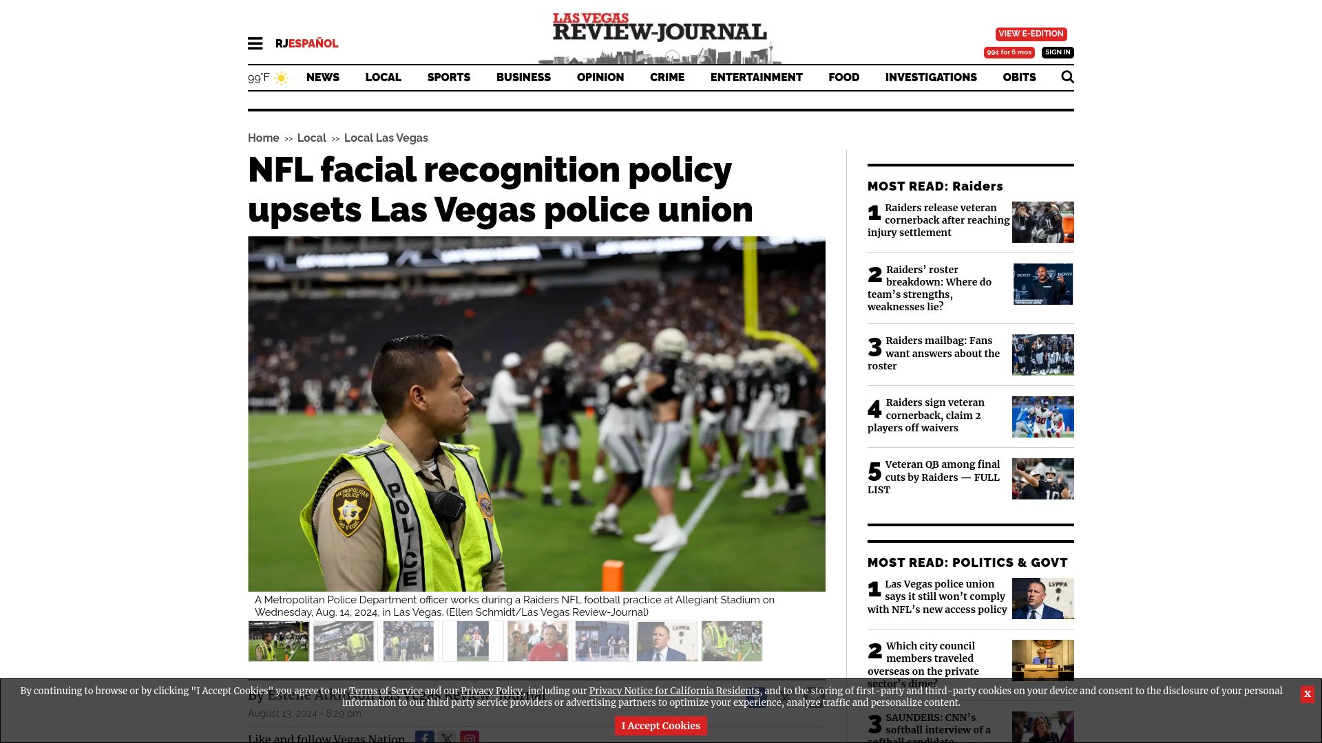 Screenshot of reviewjournal.com: Las Vegas police could boycott working NFL games over new facial ID policy