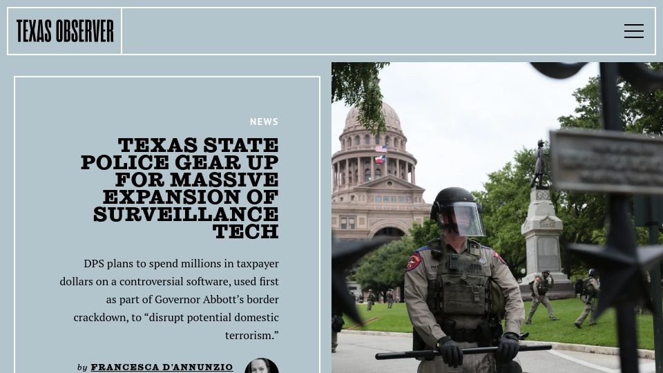 Screenshot of texasobserver.org: Texas State Police Gear Up for Expansion of Surveillance Tech