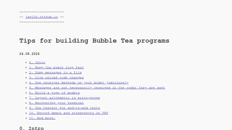Screenshot of leg100.github.io: Building Bubbletea Programs