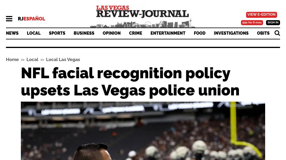 Screenshot of reviewjournal.com: Las Vegas police could boycott working NFL games over new facial ID policy