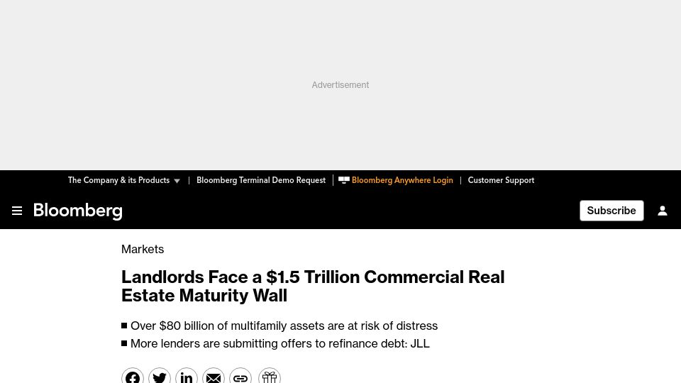 Screenshot of bloomberg.com: Landlords Face a $1.5T Commercial Real Estate Maturity Wall