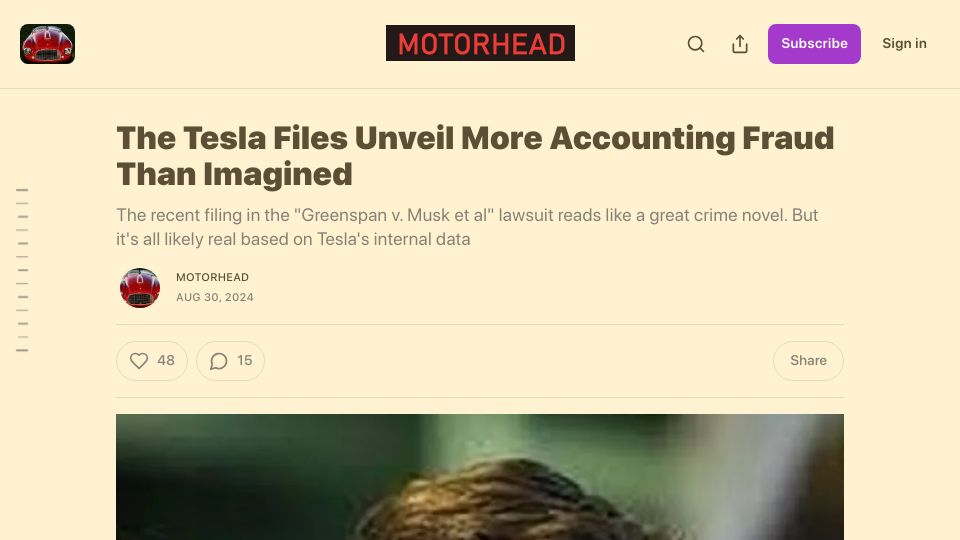 Screenshot of bradmunchen.substack.com: The Tesla Files Unveil More Accounting Fraud Than Imagined