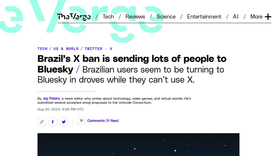 Screenshot of theverge.com: Brazil's X ban is sending lots of people to Bluesky