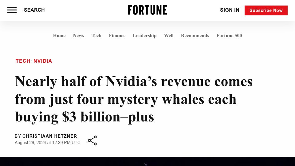 Screenshot of fortune.com: Nearly half of Nvidia's revenue comes from four mystery whales each buying $3B+