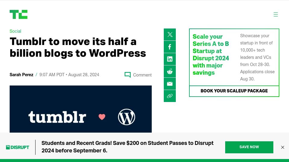 Screenshot of techcrunch.com: Tumblr to move its half a billion blogs to WordPress