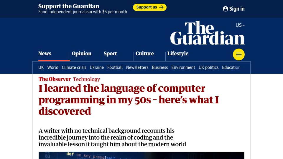 Screenshot of theguardian.com: I learned the language of computer programming in my 50s – what I discovered