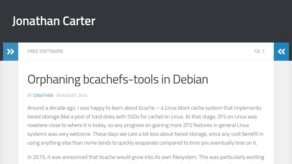 Screenshot of jonathancarter.org: Orphaning bcachefs-tools in Debian