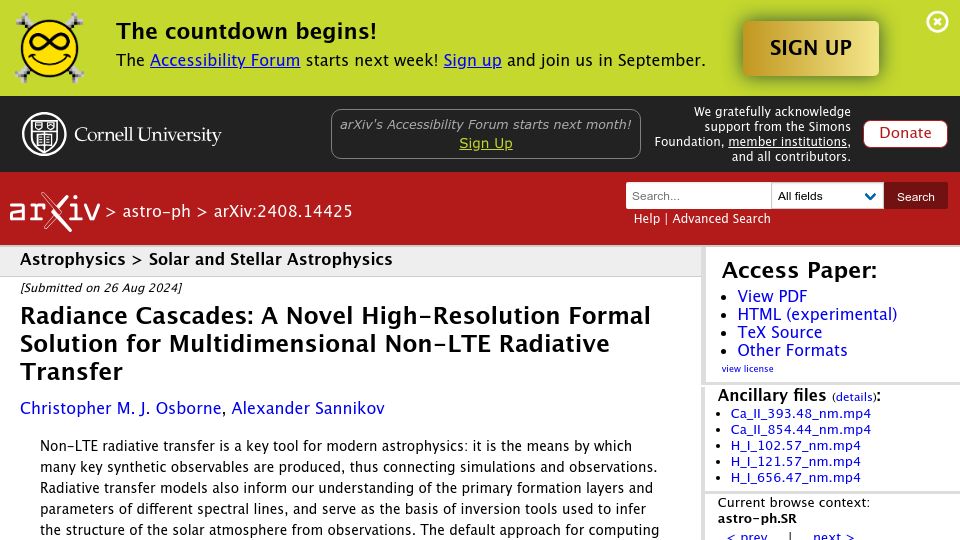 Screenshot of arxiv.org: Radiance Cascades: A Novel High-Res Sol. For Multidim Non-LTE Radiative Transfer