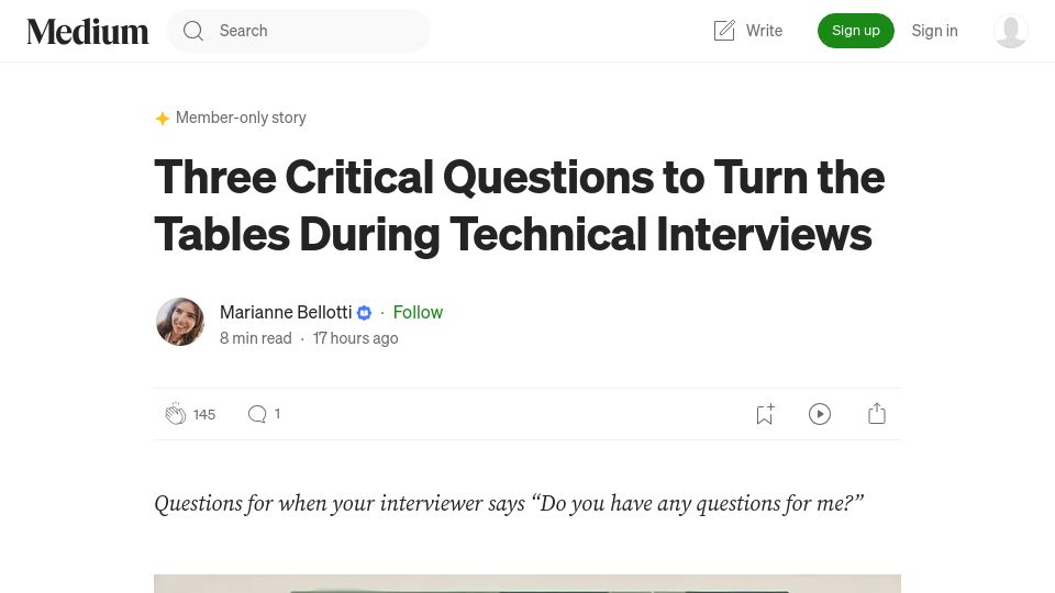 Screenshot of bellmar.medium.com: Three questions to turn the table during technical interviews