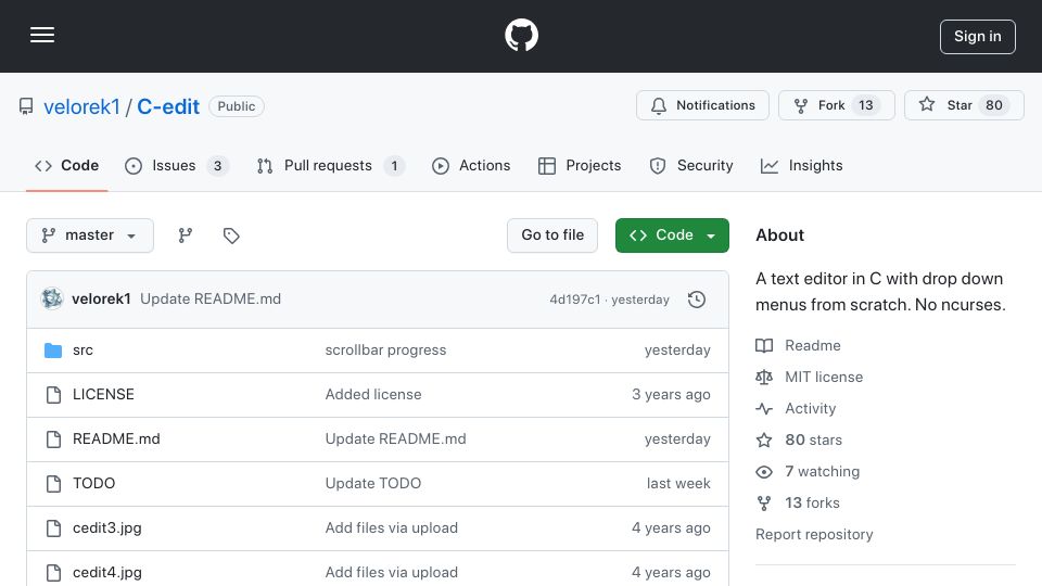 Screenshot of github.com: Show HN: A retro terminal text editor for GNU/Linux coded in C (C-edit)