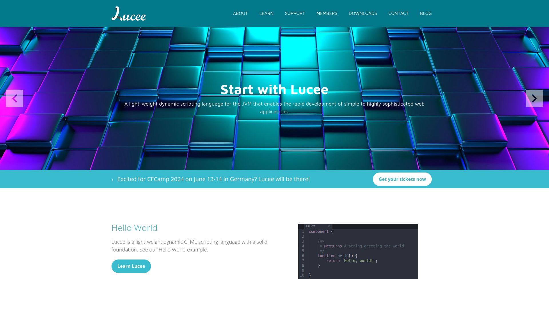 Screenshot of lucee.org: Lucee: A light-weight dynamic CFML scripting language for the JVM