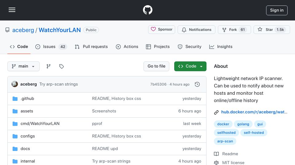 Screenshot of github.com: WatchYourLAN: Lightweight Network IP Scanner
