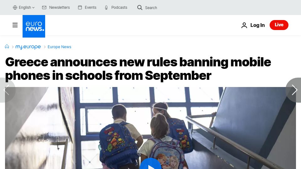 Screenshot of euronews.com: Greece announces new rules banning mobile phones in schools from September