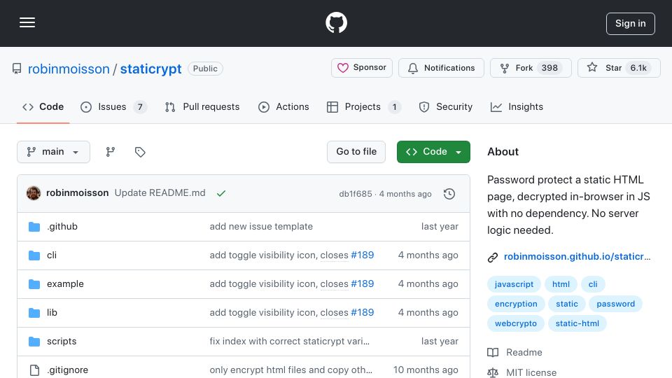 Screenshot of github.com: Password protect a static HTML page, decrypted in-browser in JavaScript