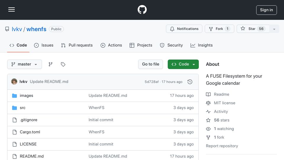 Screenshot of github.com: WhenFS: Calender Is Now a File System
