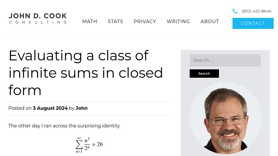 Screenshot of johndcook.com: Evaluating a class of infinite sums in closed form