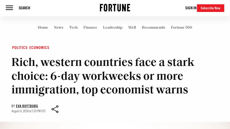 Screenshot of fortune.com: Rich, western countries face a stark choice: 6-day workweeks or more immigration