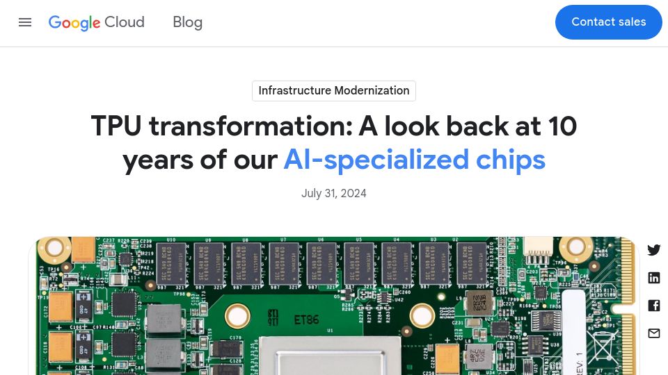 Screenshot of cloud.google.com: TPU transformation: A look back at 10 years of our AI-specialized chips