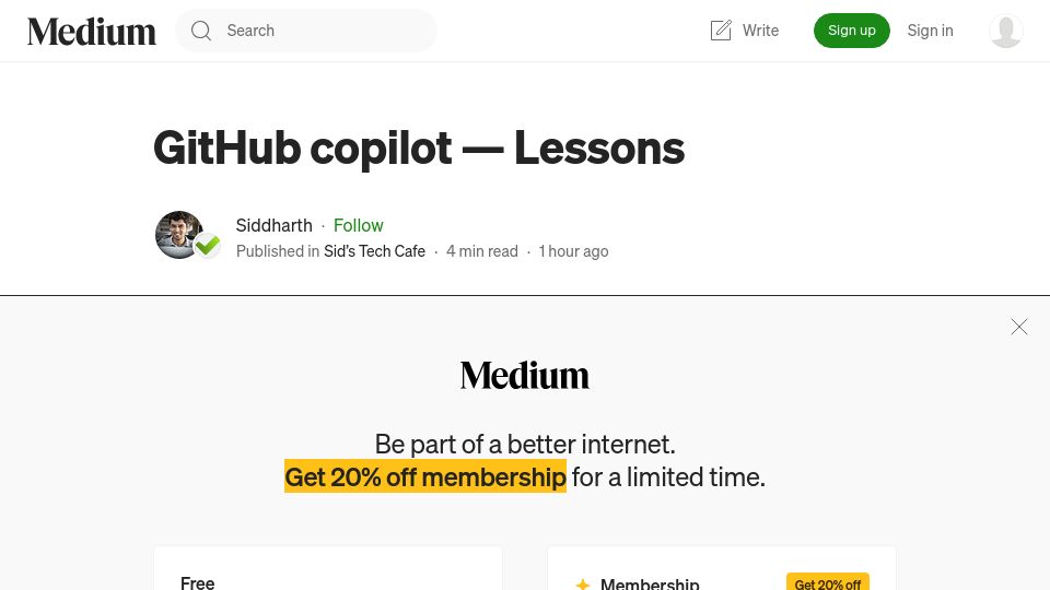 Screenshot of medium.com: GitHub Copilot – Lessons
