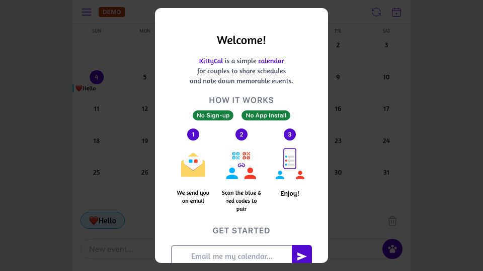 Screenshot of kittycal.net: Show HN: KittyCal – minimalist PWA calendar app for couples
