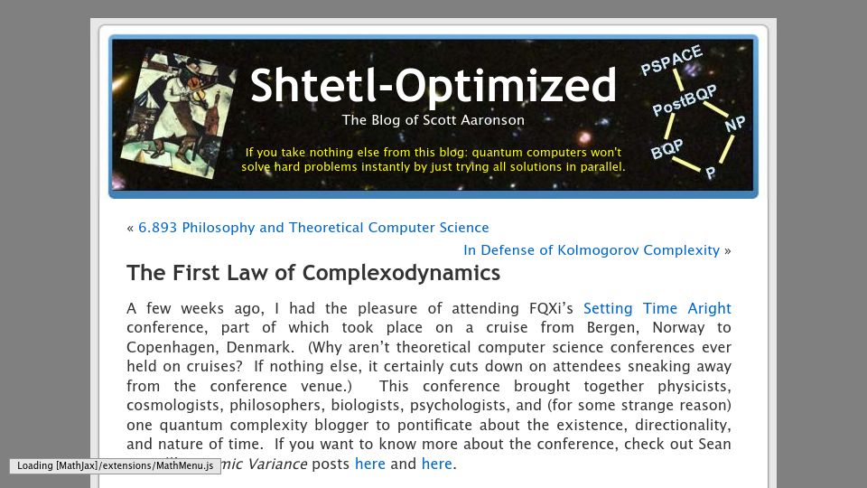 Screenshot of scottaaronson.blog: The First Law of Complexodynamics (2011)