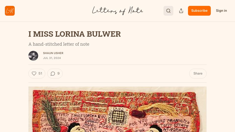 Screenshot of news.lettersofnote.com: I Miss Lorina Bulwer: A hand-stitched letter of note