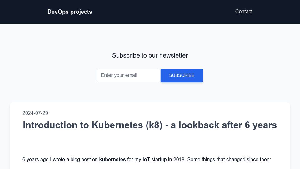 Screenshot of devopsprojectshq.com: Introduction to Kubernetes (k8) – a quick lookback