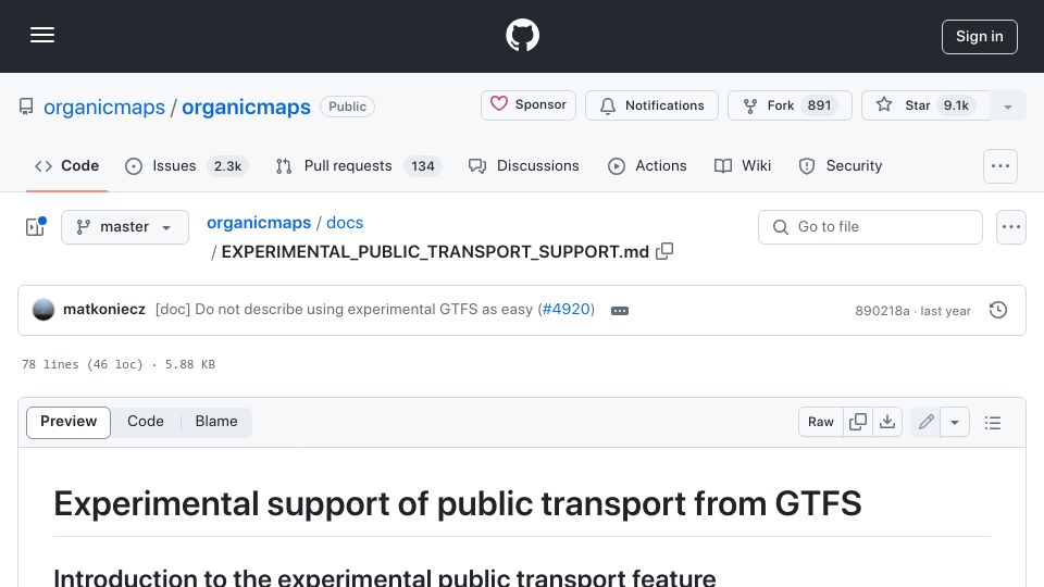 Screenshot of github.com: Organic maps: Experimental feed based public transport mapping