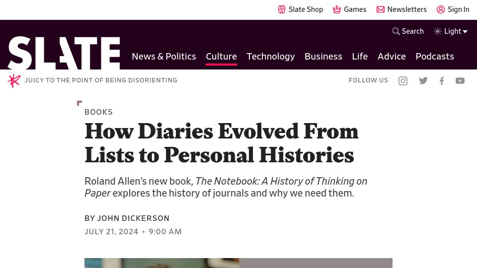 Screenshot of slate.com: How Diaries Evolved from Lists to Personal Histories