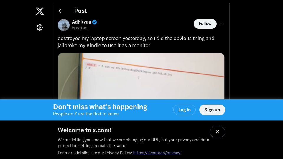 Screenshot of gist.github.com: Jailbroke my Kindle to use it as an e-ink monitor