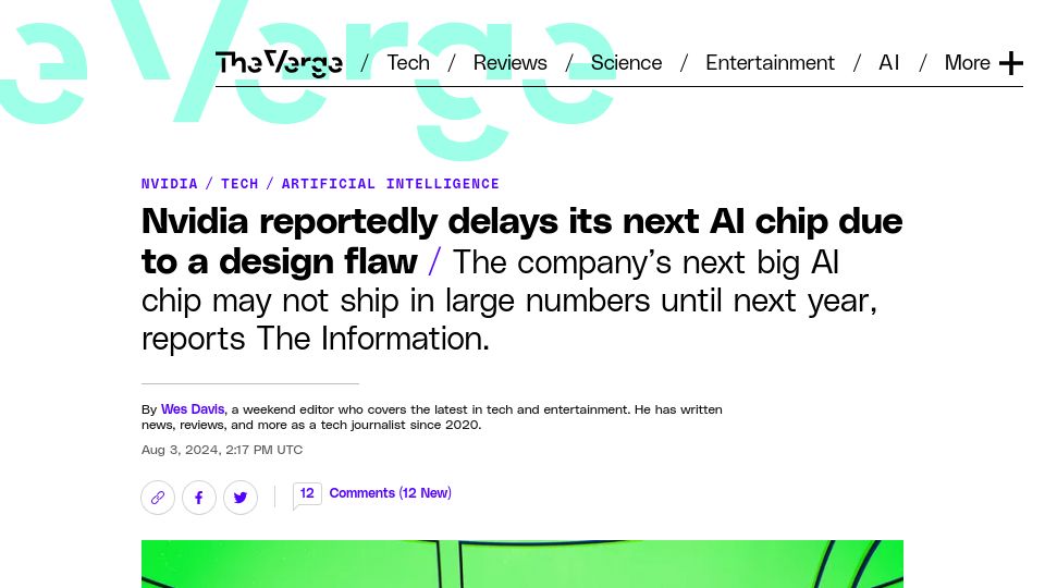 Screenshot of theverge.com: Nvidia reportedly delays its next AI chip due to a design flaw