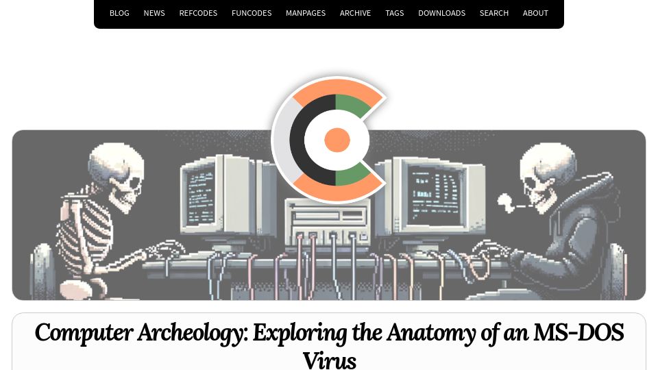 Screenshot of metacodes.pro: Computer Archeology: Exploring the Anatomy of an MS-DOS Virus