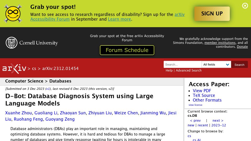 Screenshot of arxiv.org: LLM as Database Administrator (2023)