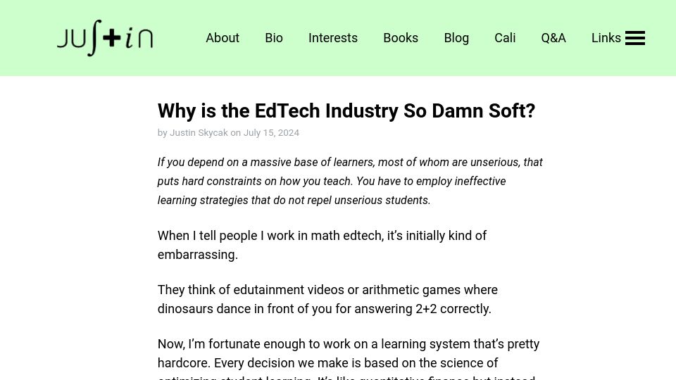 Screenshot of justinmath.com: Why Is the EdTech Industry So Damn Soft?