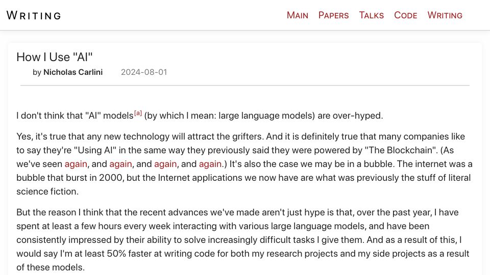 Screenshot of nicholas.carlini.com: How I Use "AI"