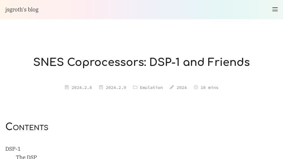 Screenshot of jsgroth.dev: SNES Coprocessors: DSP-1 and Friends