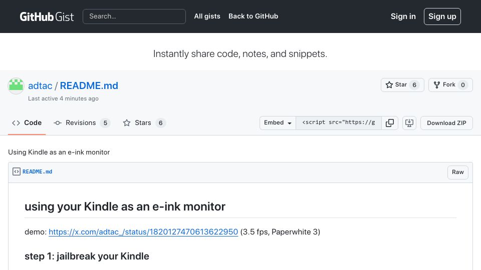 Screenshot of gist.github.com: Using your Kindle as an e-ink monitor