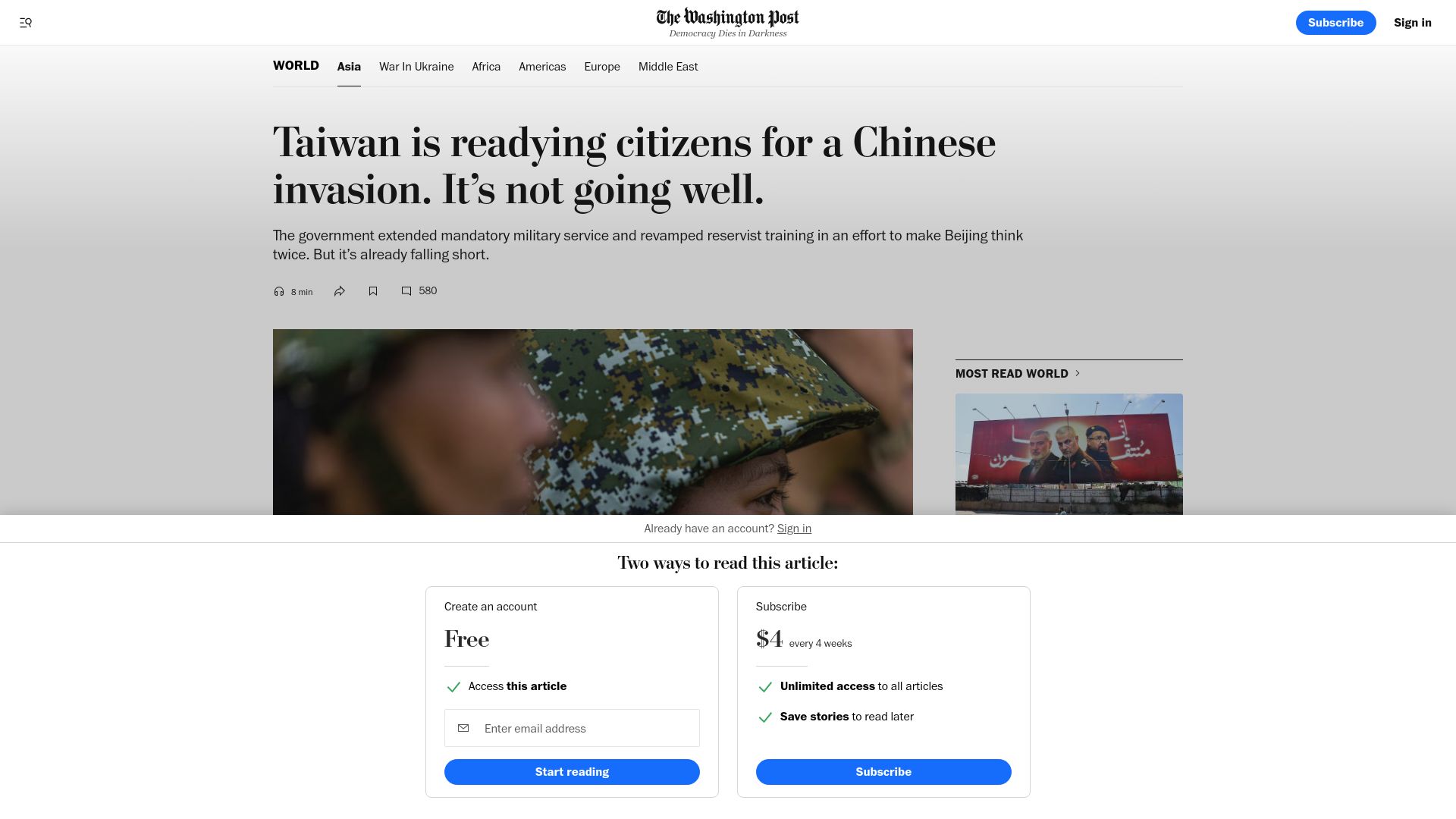 Screenshot of washingtonpost.com: Taiwan is behind schedule in preparations to fend off Chinese invasion