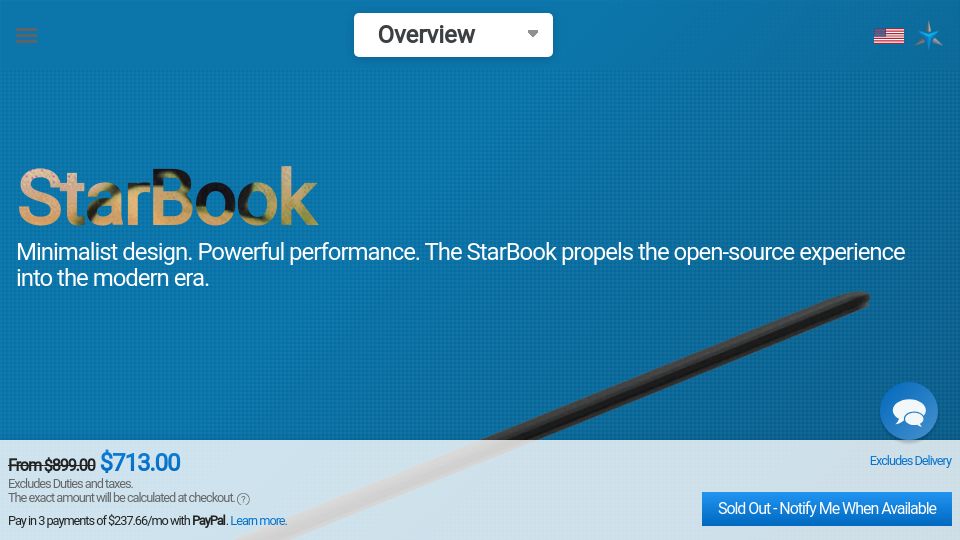 Screenshot of us.starlabs.systems: StarBook 7 14" Linux Laptop with Intel Core Ultra 7, 4K, Up to 96GB 5.6GHz RAM