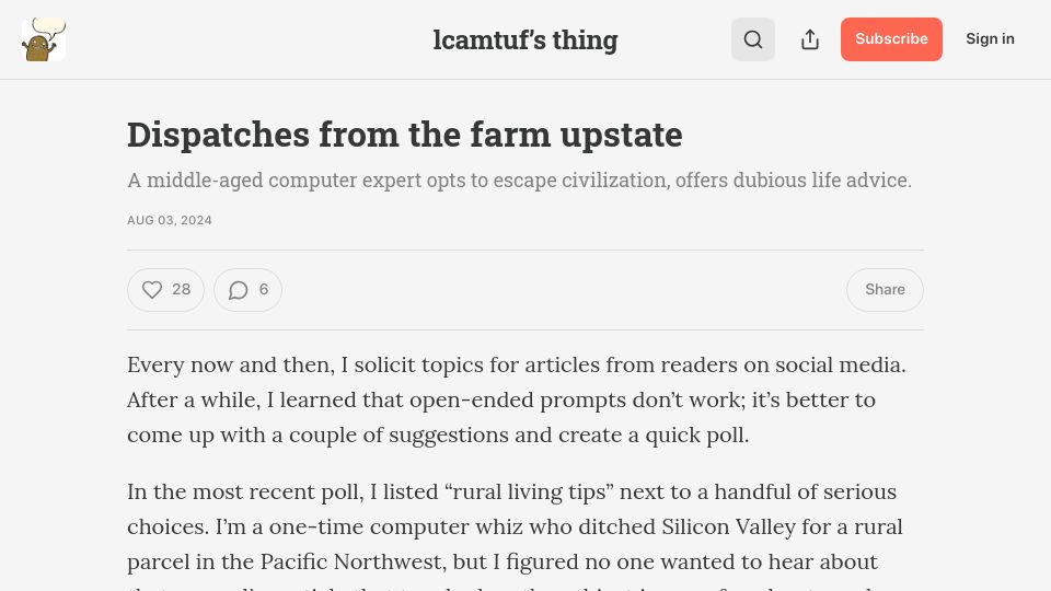 Screenshot of lcamtuf.substack.com: Dispatches from the farm upstate