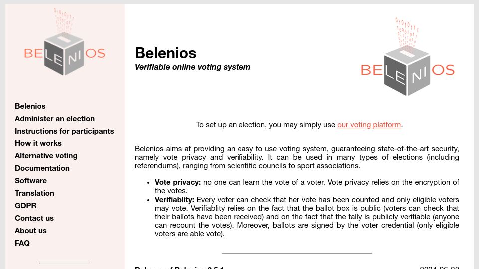 Screenshot of belenios.org: Belenios: Verifiable online voting system
