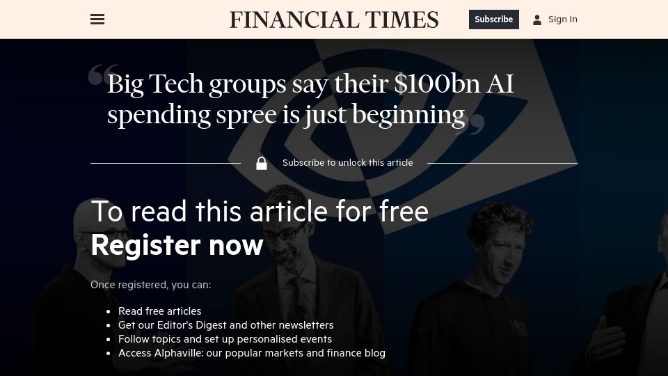 Screenshot of ft.com: Big Tech groups say their $100B AI spending spree is just beginning