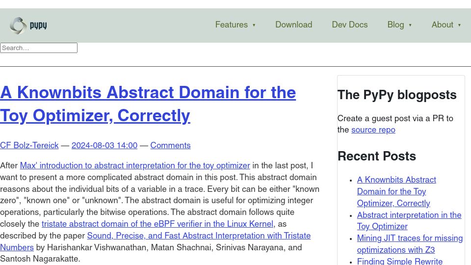 Screenshot of pypy.org: A Knownbits Abstract Domain for the Toy Optimizer, Correctly