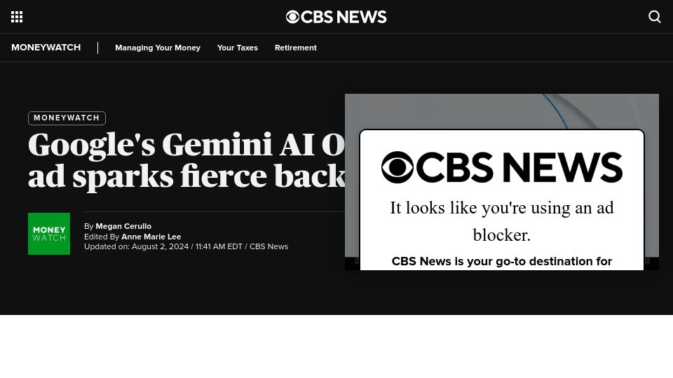 Screenshot of cbsnews.com: Gemini Ad Backlash