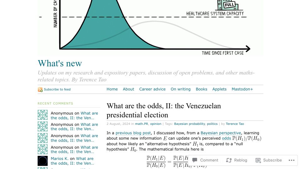 Screenshot of terrytao.wordpress.com: What are the odds, II: the Venezuelan presidential election