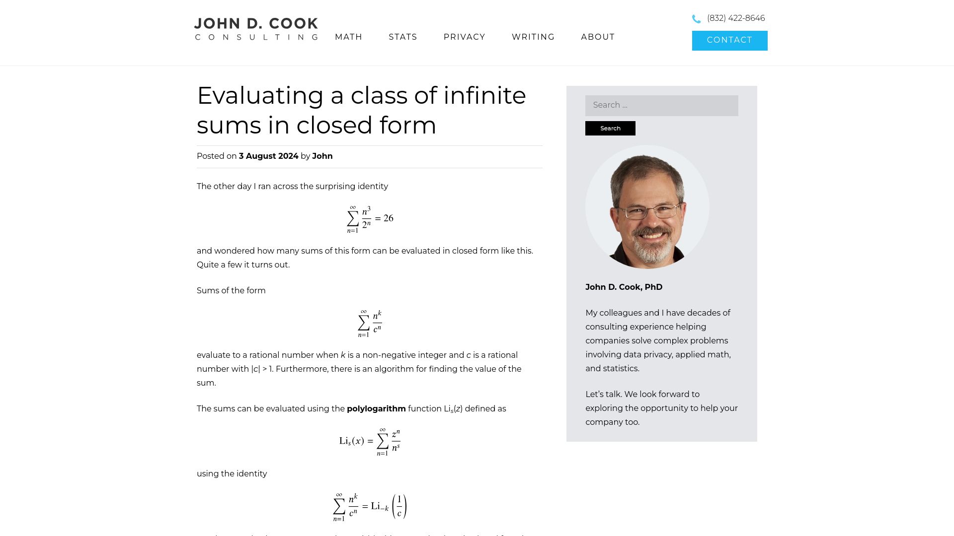 Screenshot of johndcook.com: Evaluating a class of infinite sums in closed form